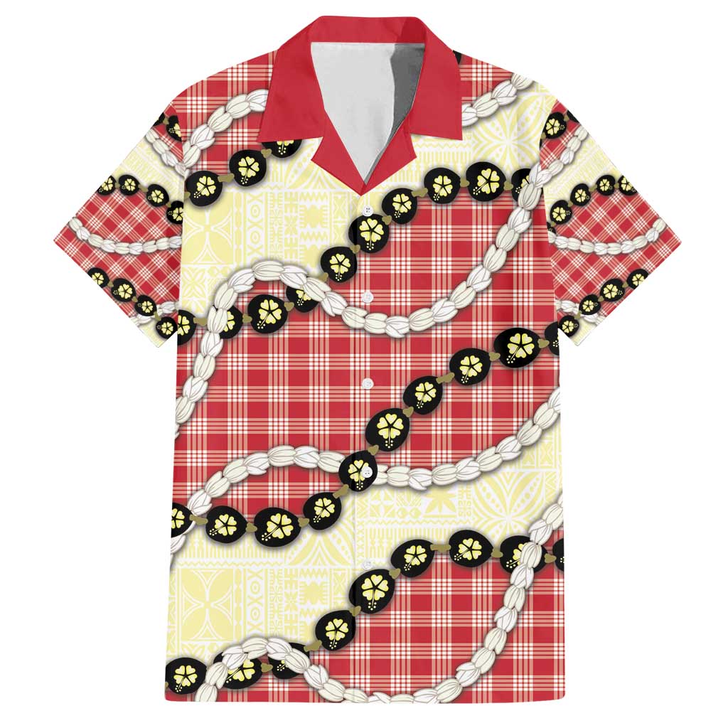Red Palaka Hawaii Family Matching Off Shoulder Short Dress and Hawaiian Shirt Kukui Nut Pikake Lei Hawaiian Tapa Pattern - Polynesian Pride