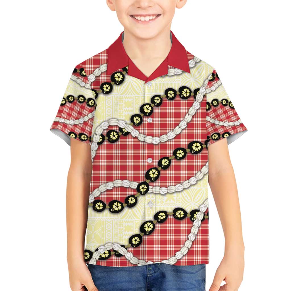 Red Palaka Hawaii Family Matching Off Shoulder Short Dress and Hawaiian Shirt Kukui Nut Pikake Lei Hawaiian Tapa Pattern - Polynesian Pride