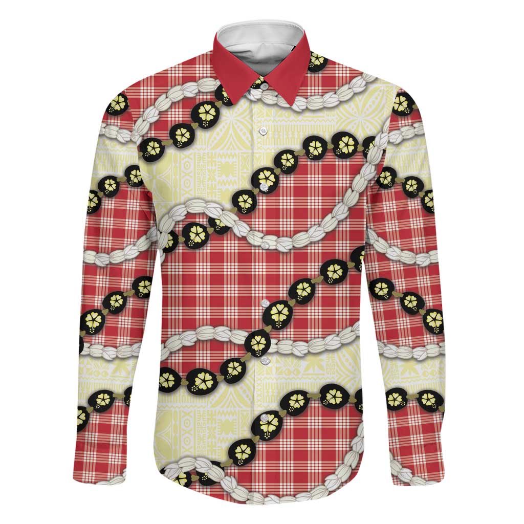 Red Palaka Hawaii Family Matching Puletasi and Hawaiian Shirt Kukui Nut Pikake Lei Hawaiian Tapa Pattern LT14 Dad's Shirt - Long Sleeve Red - Polynesian Pride