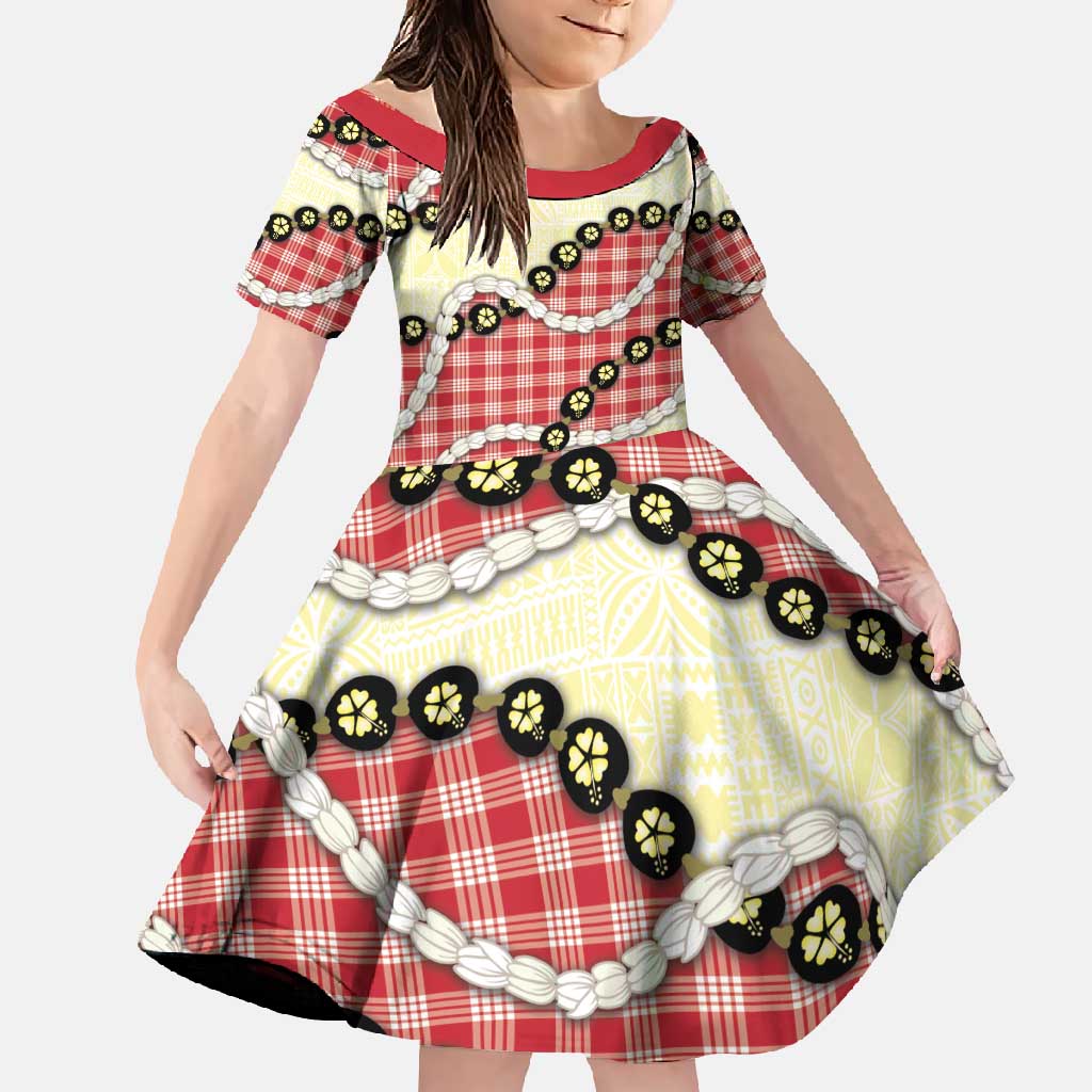 Red Palaka Hawaii Family Matching Short Sleeve Bodycon Dress and Hawaiian Shirt Kukui Nut Pikake Lei Hawaiian Tapa Pattern - Polynesian Pride