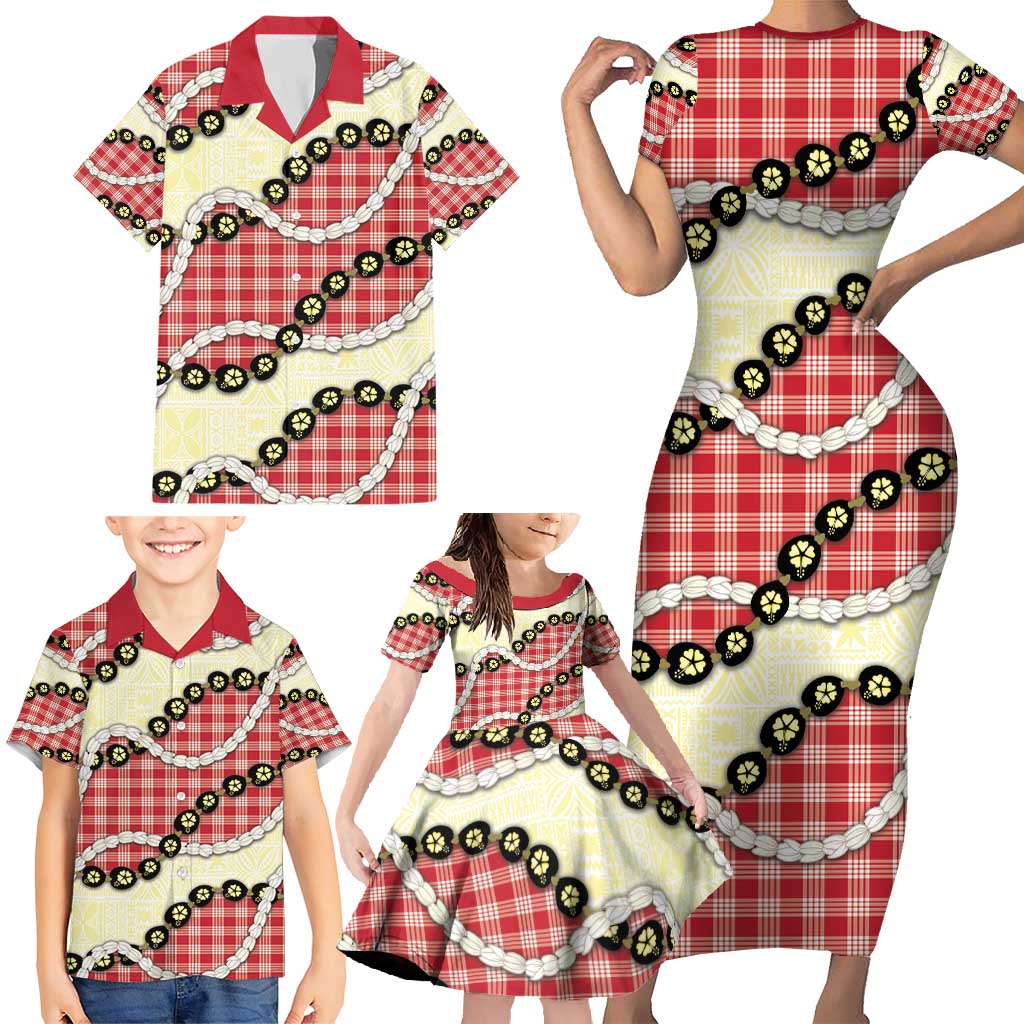 Red Palaka Hawaii Family Matching Short Sleeve Bodycon Dress and Hawaiian Shirt Kukui Nut Pikake Lei Hawaiian Tapa Pattern - Polynesian Pride