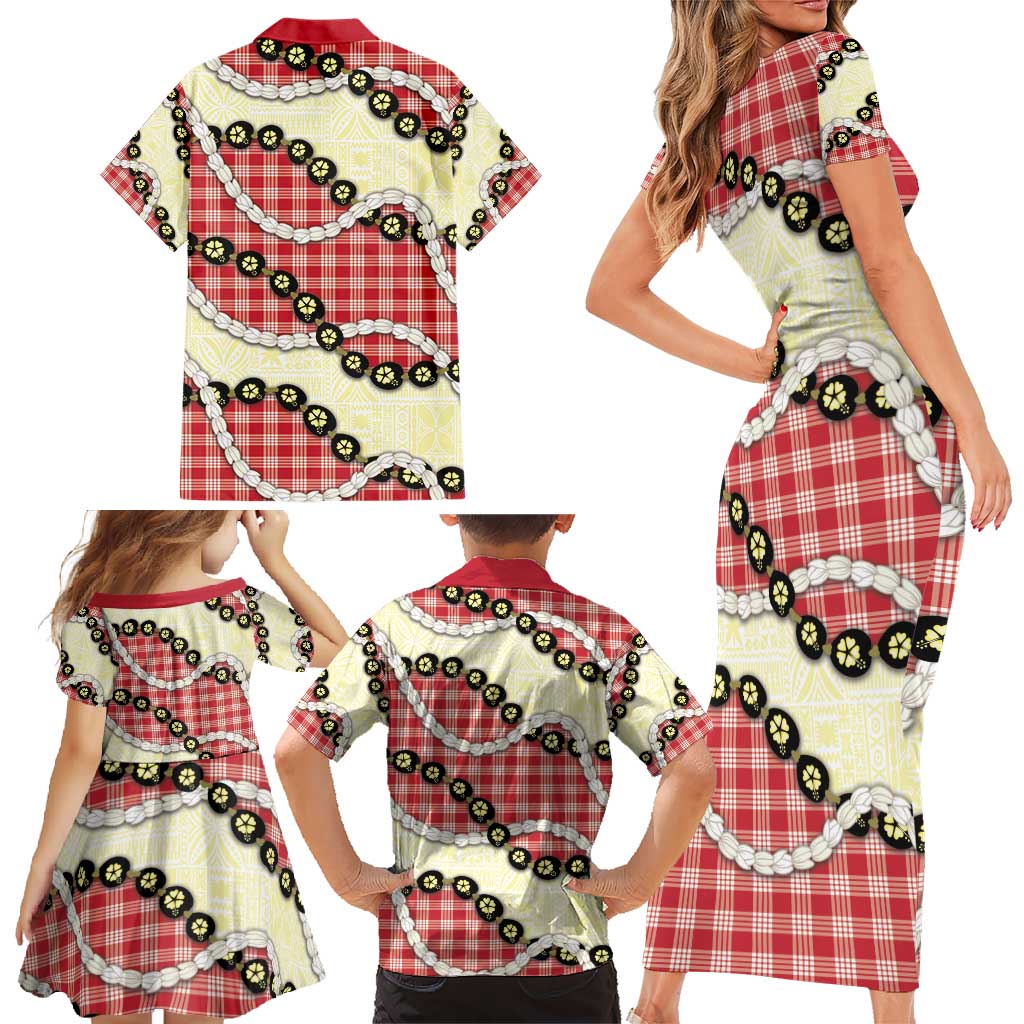 Red Palaka Hawaii Family Matching Short Sleeve Bodycon Dress and Hawaiian Shirt Kukui Nut Pikake Lei Hawaiian Tapa Pattern - Polynesian Pride