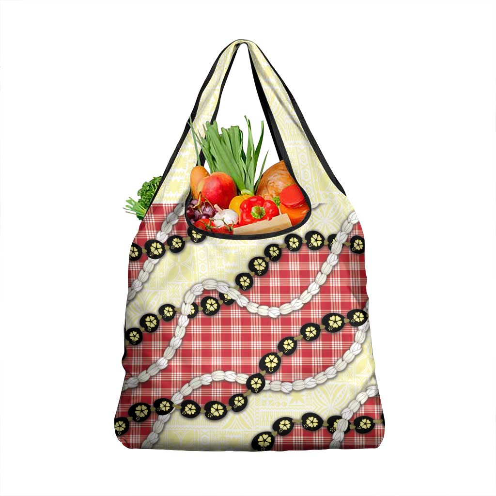 Red Palaka Hawaii Grocery Bag Kukui Nut Pikake Lei Hawaiian Tapa Pattern - Polynesian Pride