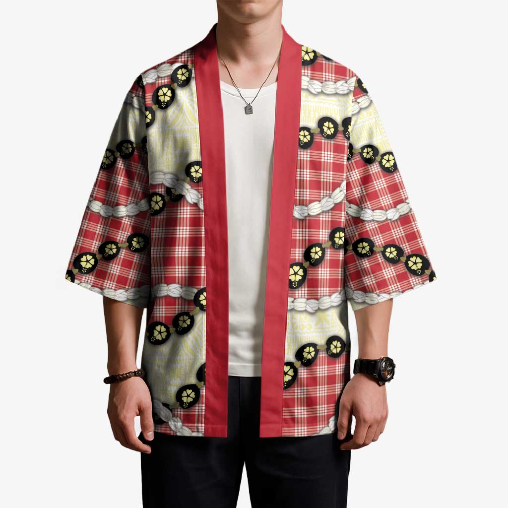Red Palaka Hawaii Kimono Kukui Nut Pikake Lei Hawaiian Tapa Pattern - Polynesian Pride