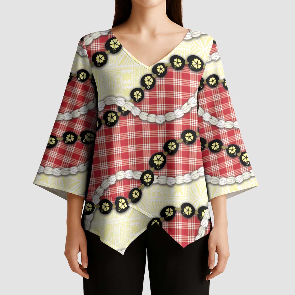 Red Palaka Hawaii Kimono Sleeve Blouse Kukui Nut Pikake Lei Hawaiian Tapa Pattern LT14 - Polynesian Pride