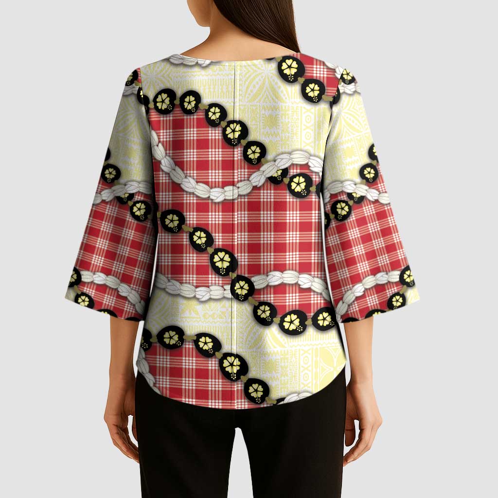 Red Palaka Hawaii Kimono Sleeve Blouse Kukui Nut Pikake Lei Hawaiian Tapa Pattern LT14 - Polynesian Pride