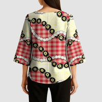 Red Palaka Hawaii Kimono Sleeve Blouse Kukui Nut Pikake Lei Hawaiian Tapa Pattern LT14 - Polynesian Pride