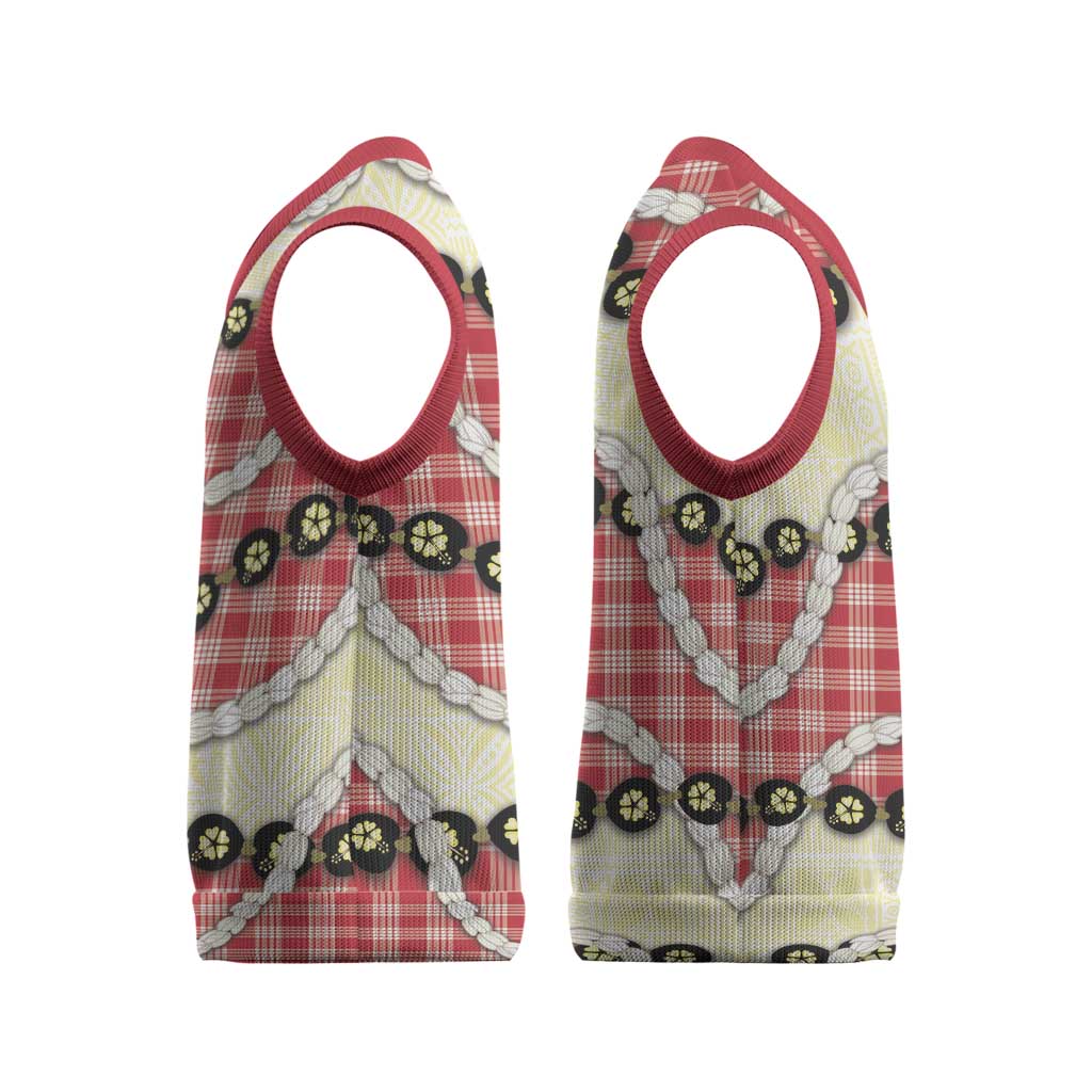 Red Palaka Hawaii Christmas Knitted V-Neck Vest Kukui Nut Pikake Lei Hawaiian Tapa Pattern LT14 - Polynesian Pride