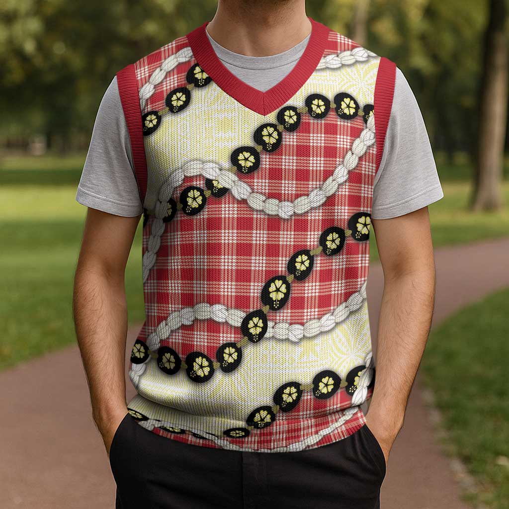 Red Palaka Hawaii Christmas Knitted V-Neck Vest Kukui Nut Pikake Lei Hawaiian Tapa Pattern LT14 - Polynesian Pride