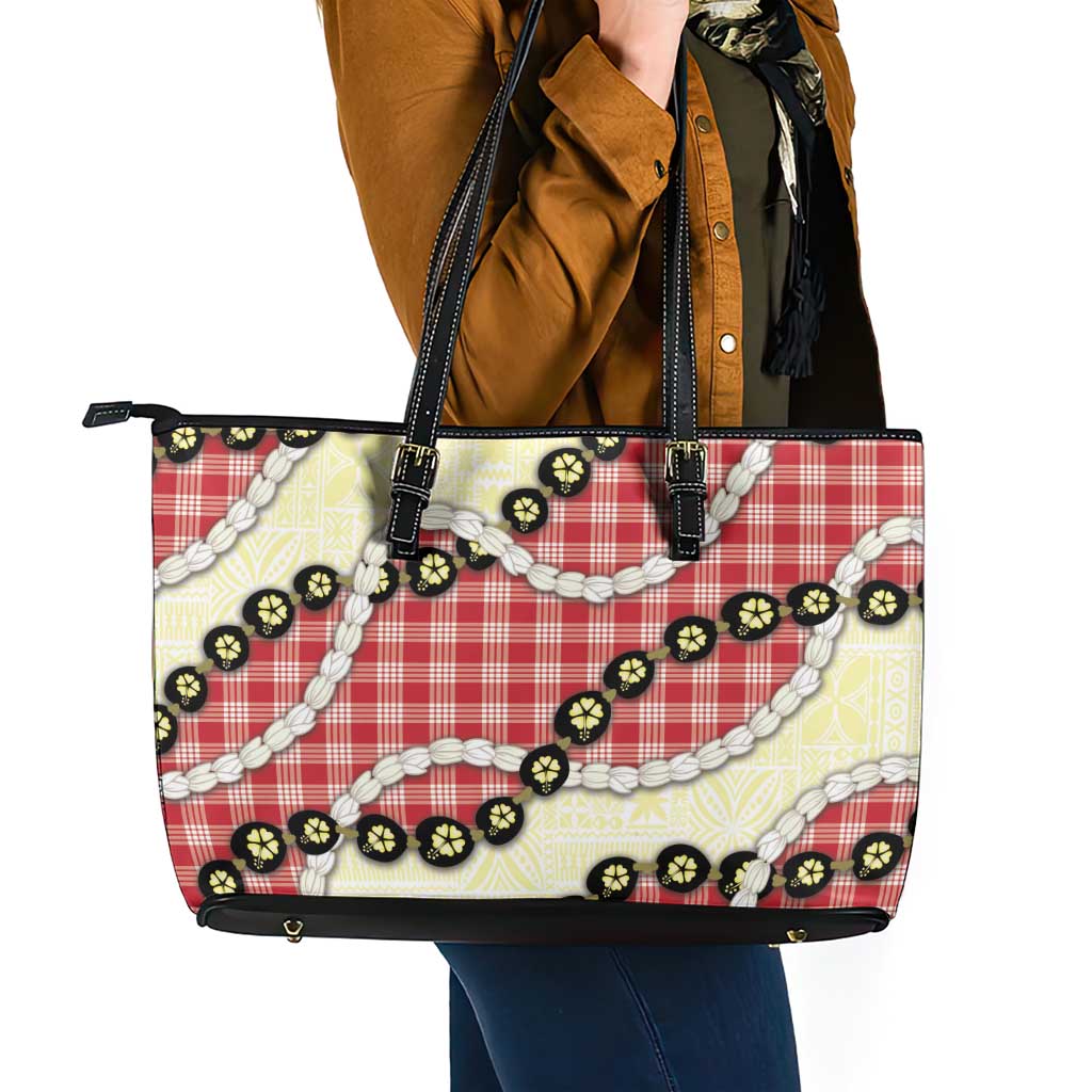 Red Palaka Hawaii Leather Tote Bag Kukui Nut Pikake Lei Hawaiian Tapa Pattern - Polynesian Pride