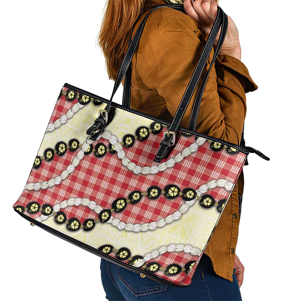 Red Palaka Hawaii Leather Tote Bag Kukui Nut Pikake Lei Hawaiian Tapa Pattern - Polynesian Pride
