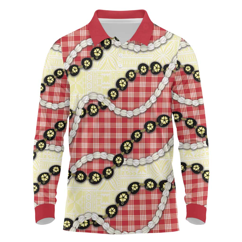 Red Palaka Hawaii Long Sleeve Polo Shirt Kukui Nut Pikake Lei Hawaiian Tapa Pattern LT14 Red - Polynesian Pride