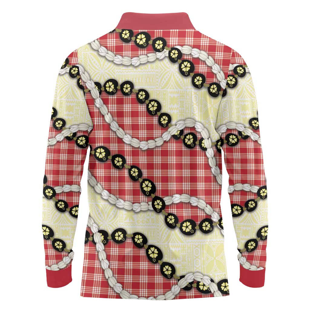 Red Palaka Hawaii Long Sleeve Polo Shirt Kukui Nut Pikake Lei Hawaiian Tapa Pattern LT14 - Polynesian Pride