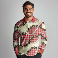 Red Palaka Hawaii Long Sleeve Polo Shirt Kukui Nut Pikake Lei Hawaiian Tapa Pattern LT14 - Polynesian Pride