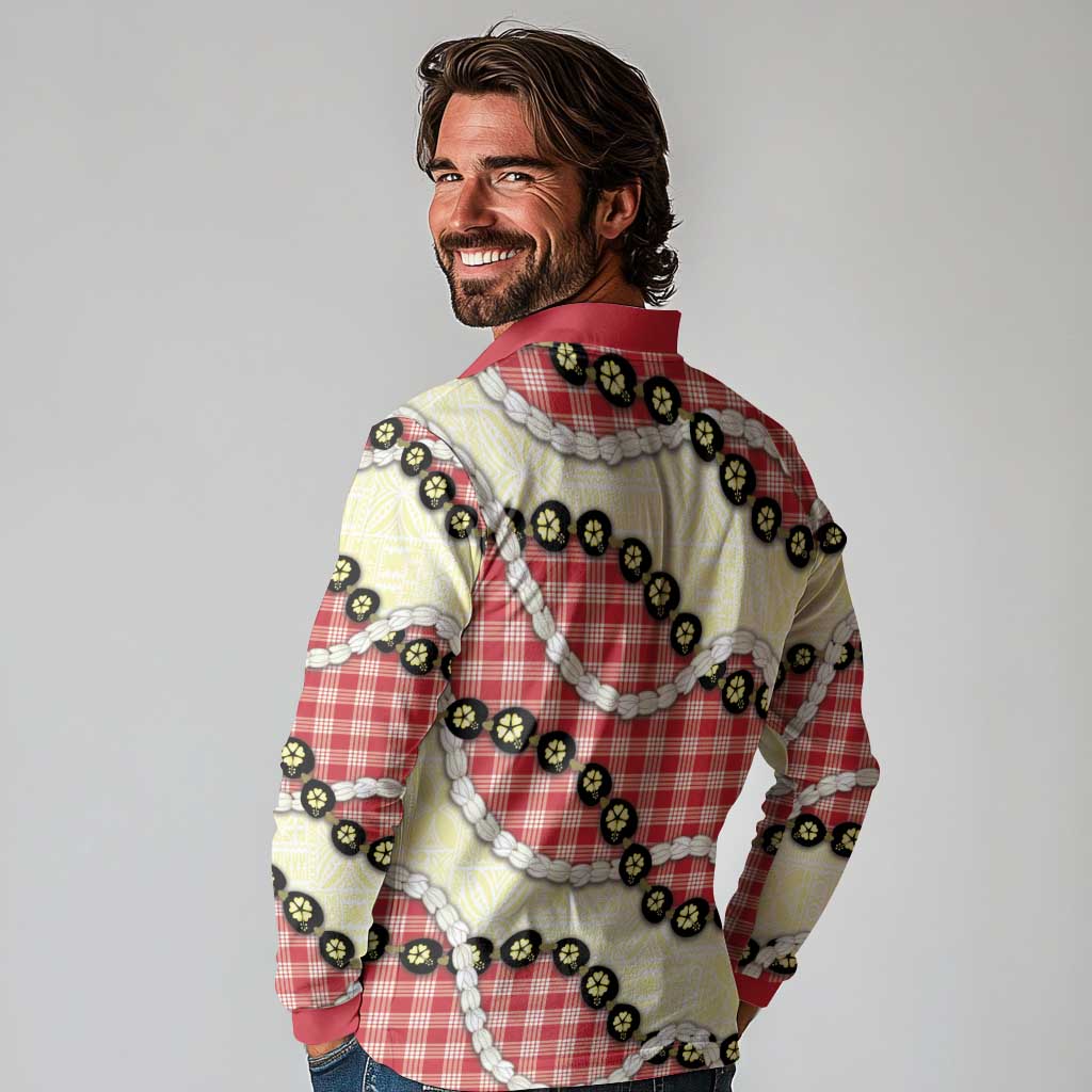 Red Palaka Hawaii Long Sleeve Polo Shirt Kukui Nut Pikake Lei Hawaiian Tapa Pattern LT14 - Polynesian Pride