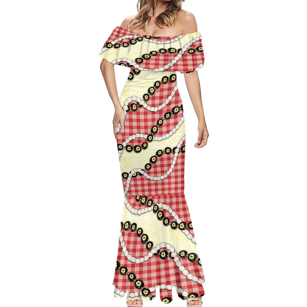 Red Palaka Hawaii Mermaid Dress Kukui Nut Pikake Lei Hawaiian Tapa Pattern - Polynesian Pride