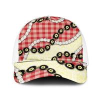 Red Palaka Hawaii Mesh Trucker Cap Kukui Nut Pikake Lei Hawaiian Tapa Pattern - Polynesian Pride