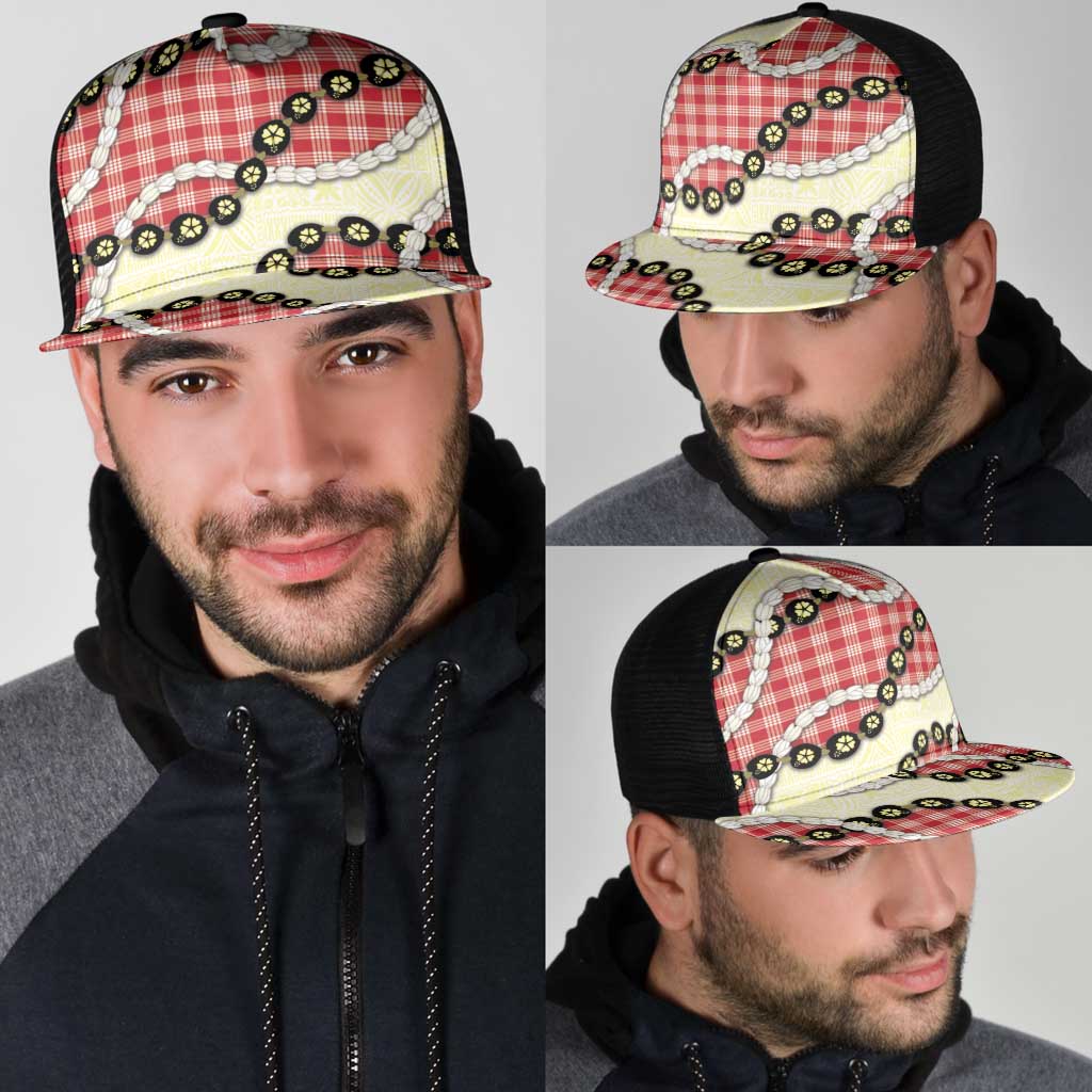 Red Palaka Hawaii Mesh Trucker Cap Kukui Nut Pikake Lei Hawaiian Tapa Pattern - Polynesian Pride