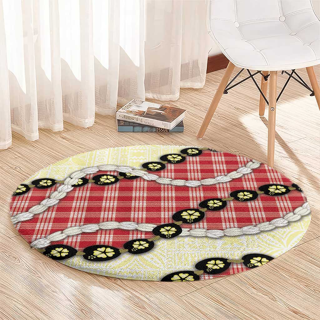 Red Palaka Hawaii Round Carpet Kukui Nut Pikake Lei Hawaiian Tapa Pattern - Polynesian Pride