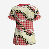 Red Palaka Hawaii Scrub Top Kukui Nut Pikake Lei Hawaiian Tapa Pattern LT14 - Polynesian Pride