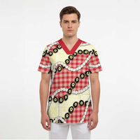 Red Palaka Hawaii Scrub Top Kukui Nut Pikake Lei Hawaiian Tapa Pattern LT14 - Polynesian Pride