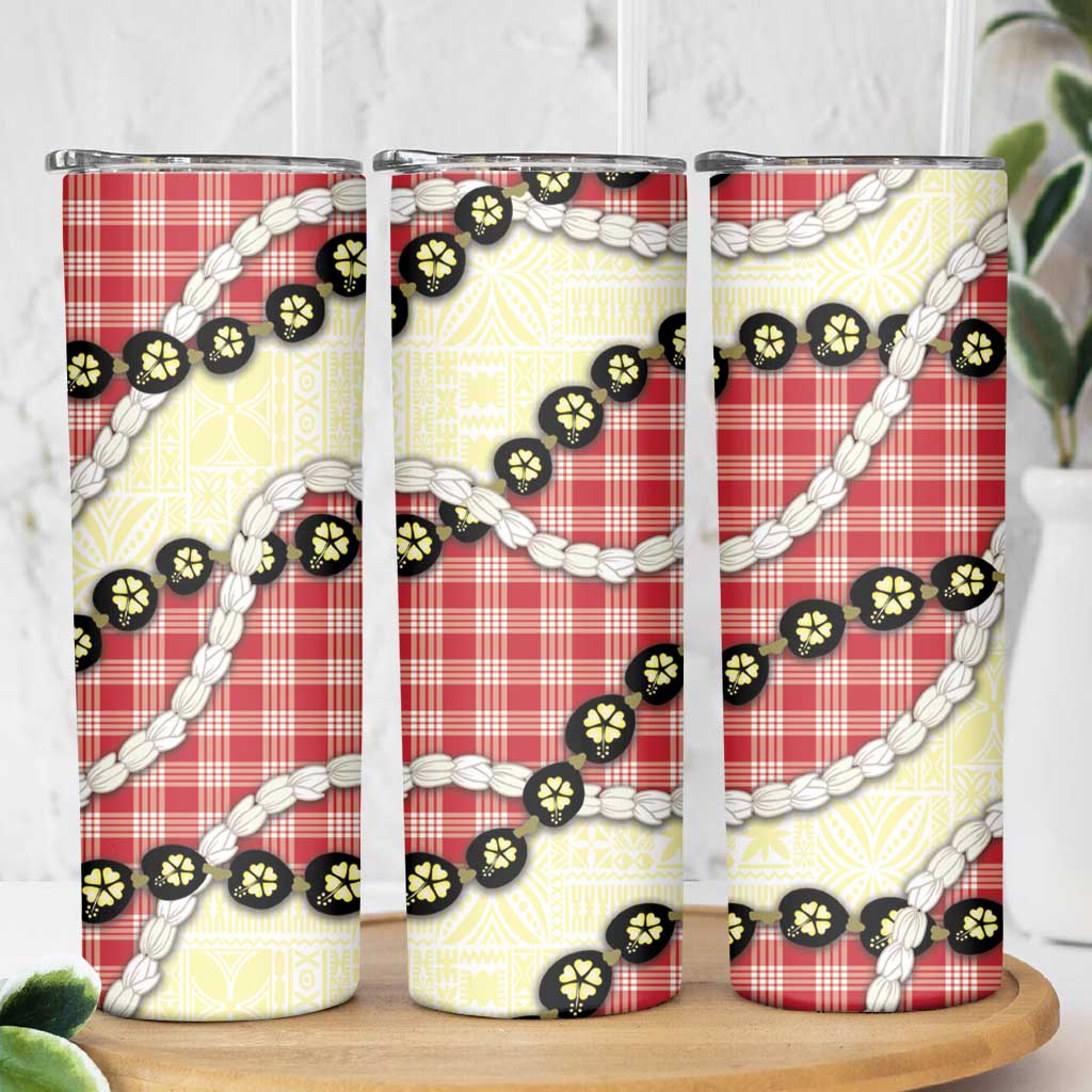 Red Palaka Hawaii Skinny Tumbler Kukui Nut Pikake Lei Hawaiian Tapa Pattern - Polynesian Pride