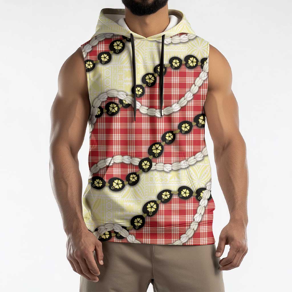 Red Palaka Hawaii Sleeveless Hoodie Kukui Nut Pikake Lei Hawaiian Tapa Pattern LT14 - Polynesian Pride