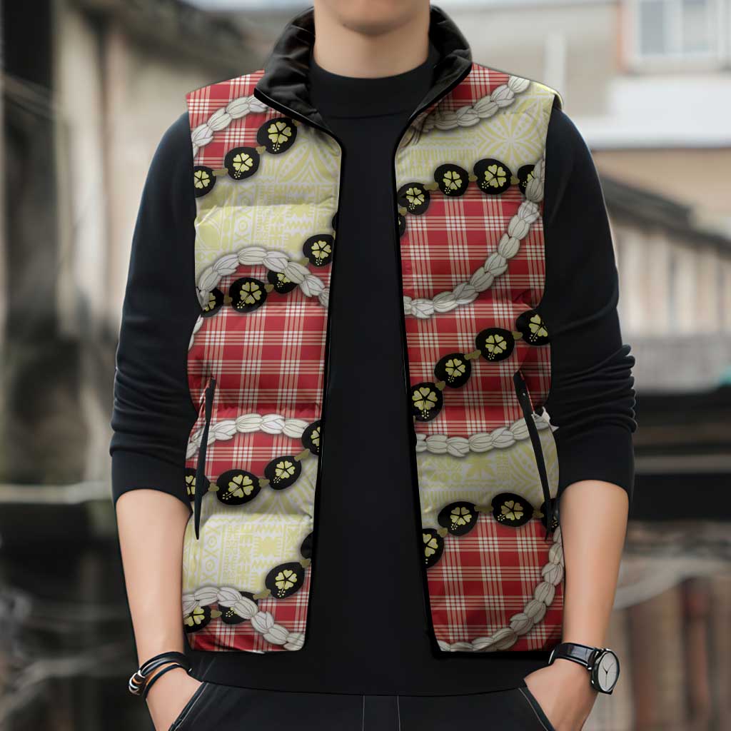 Red Palaka Hawaii Sleeveless Puffer Jacket Kukui Nut Pikake Lei Hawaiian Tapa Pattern LT14 - Polynesian Pride