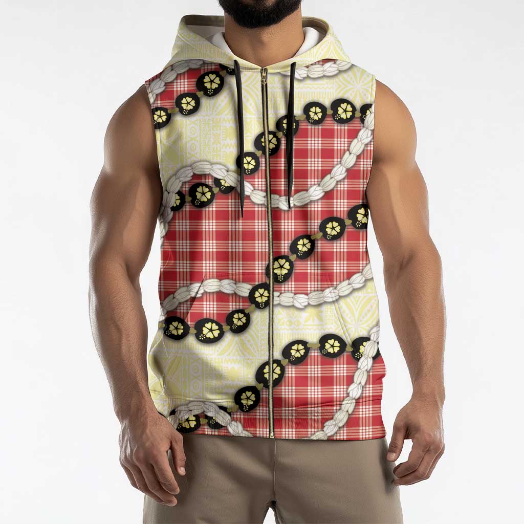 Red Palaka Hawaii Sleeveless Zip Hoodie Kukui Nut Pikake Lei Hawaiian Tapa Pattern - Polynesian Pride