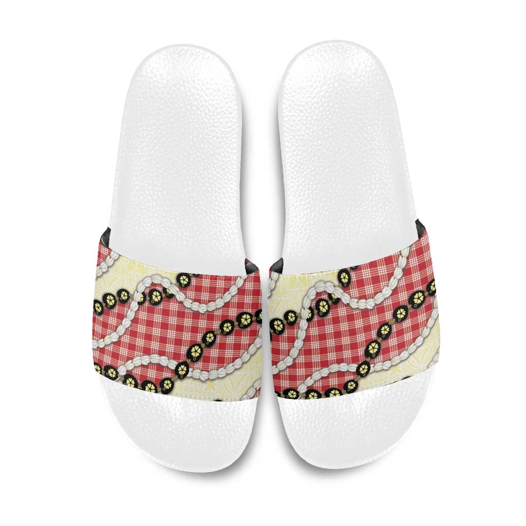 Red Palaka Hawaii Slide Sandals Kukui Nut Pikake Lei Hawaiian Tapa Pattern - Polynesian Pride