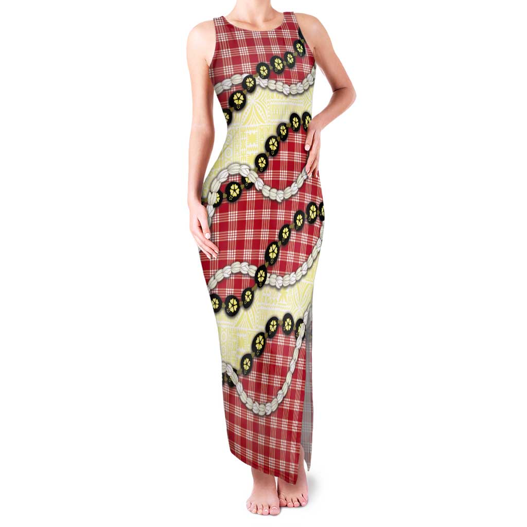 Red Palaka Hawaii Tank Maxi Dress Kukui Nut Pikake Lei Hawaiian Tapa Pattern - Polynesian Pride