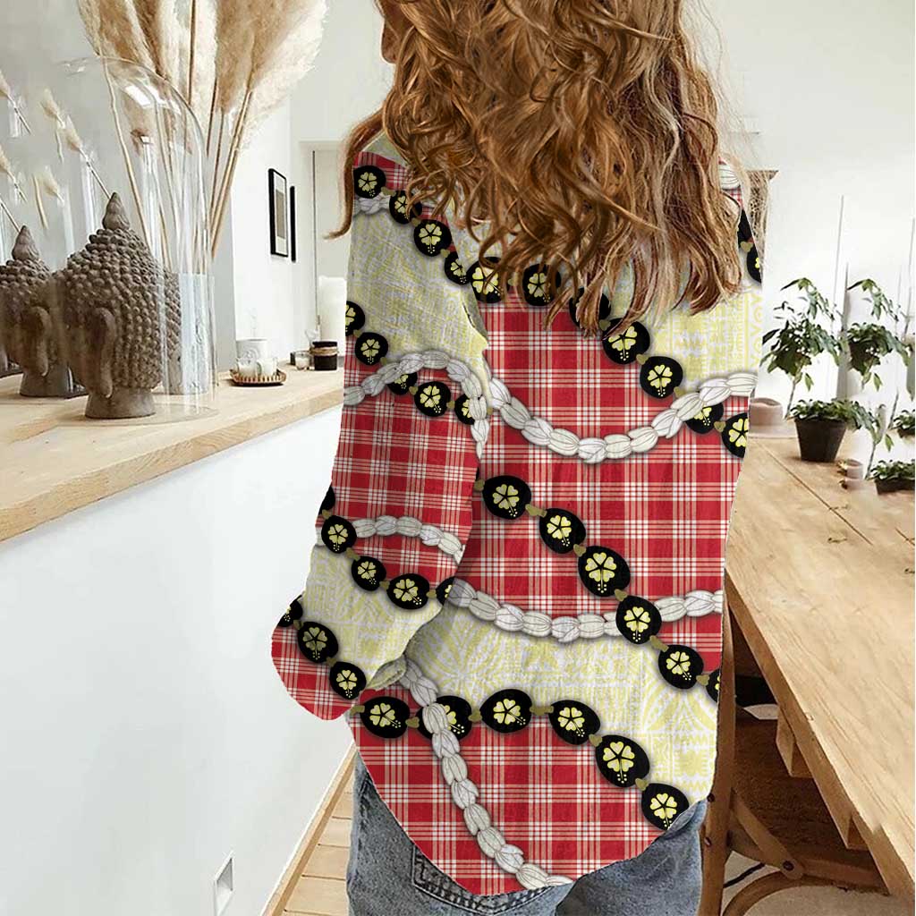 Red Palaka Hawaii Women Casual Shirt Kukui Nut Pikake Lei Hawaiian Tapa Pattern - Polynesian Pride