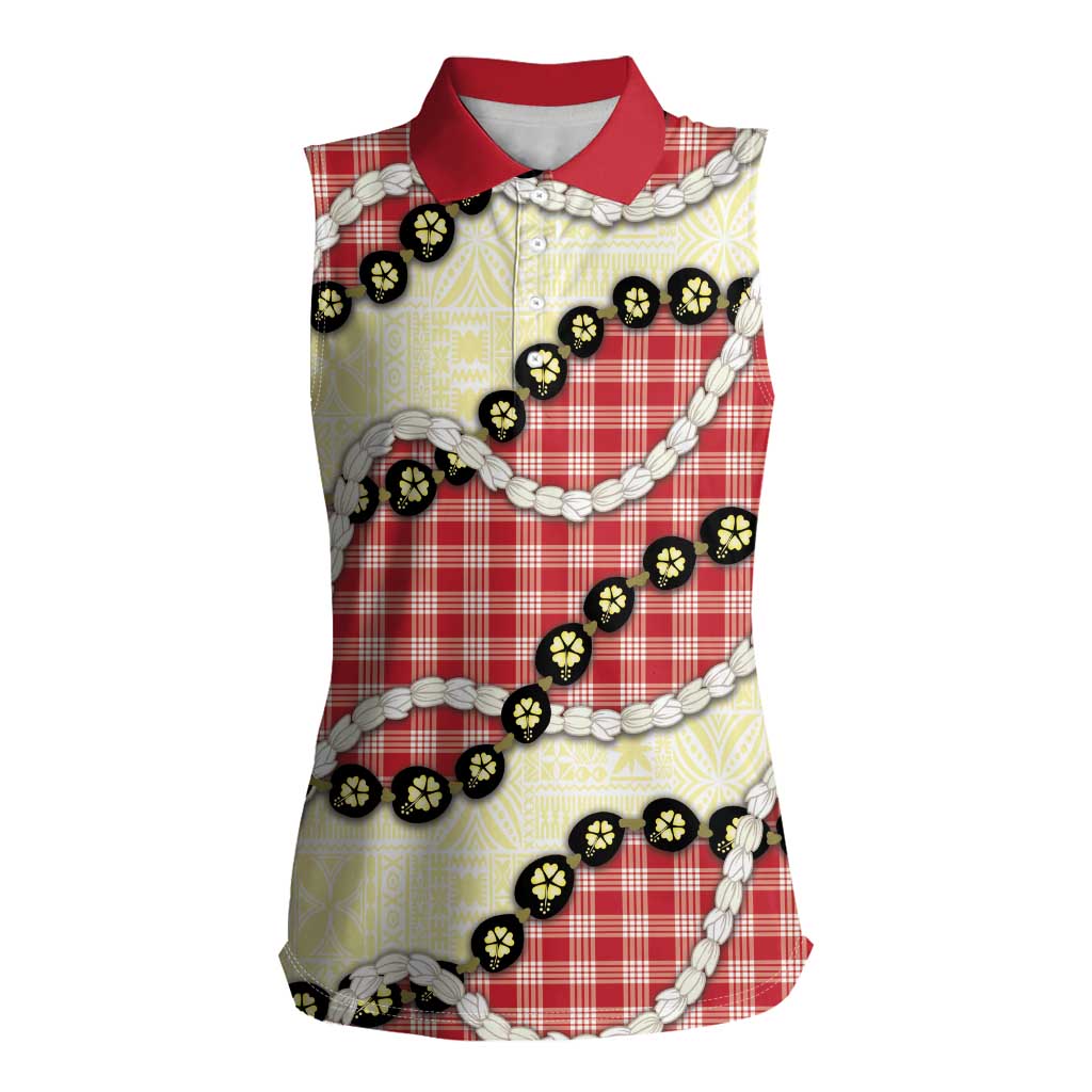Red Palaka Hawaii Women Sleeveless Polo Shirt Kukui Nut Pikake Lei Hawaiian Tapa Pattern LT14 Female Red - Polynesian Pride