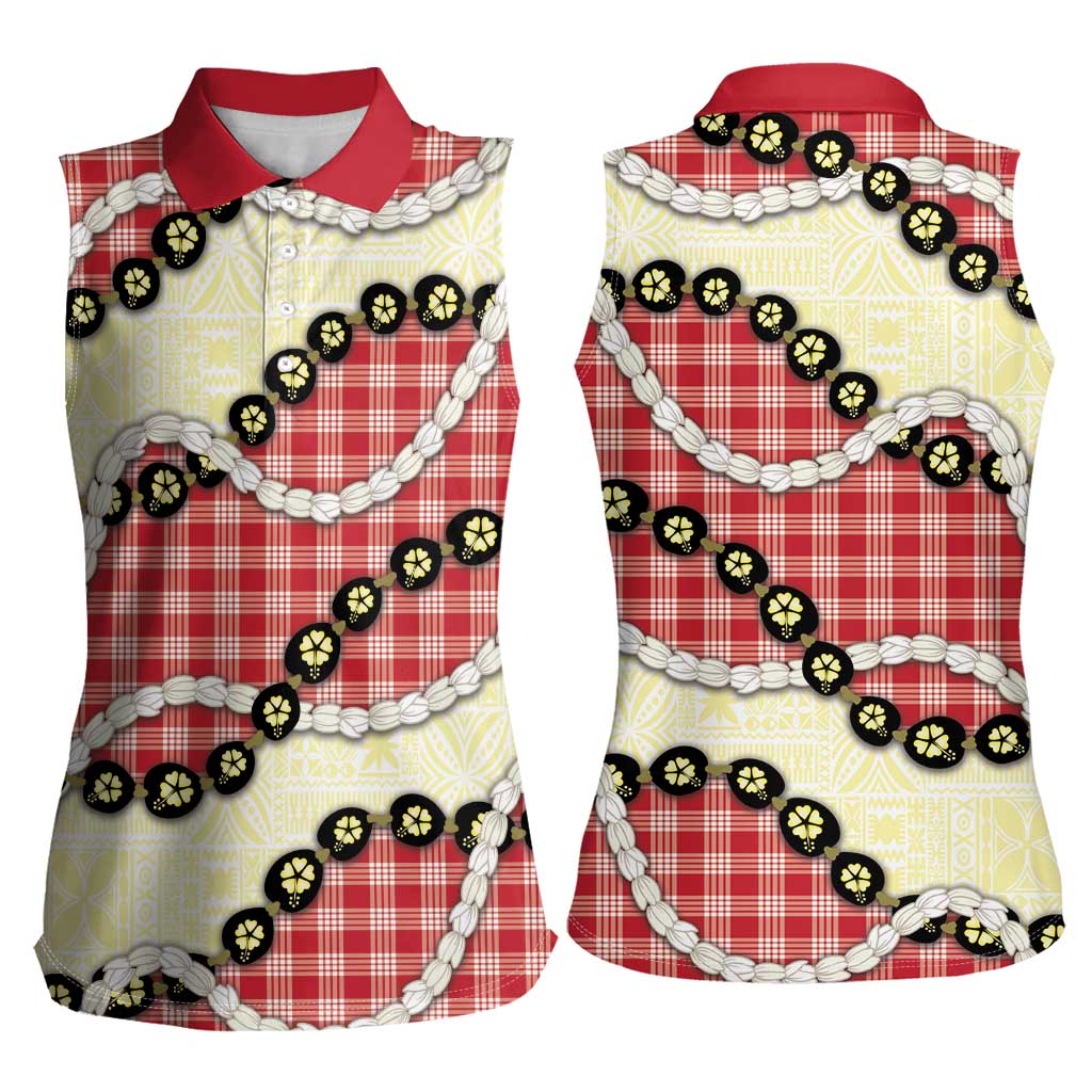 Red Palaka Hawaii Women Sleeveless Polo Shirt Kukui Nut Pikake Lei Hawaiian Tapa Pattern LT14 - Polynesian Pride
