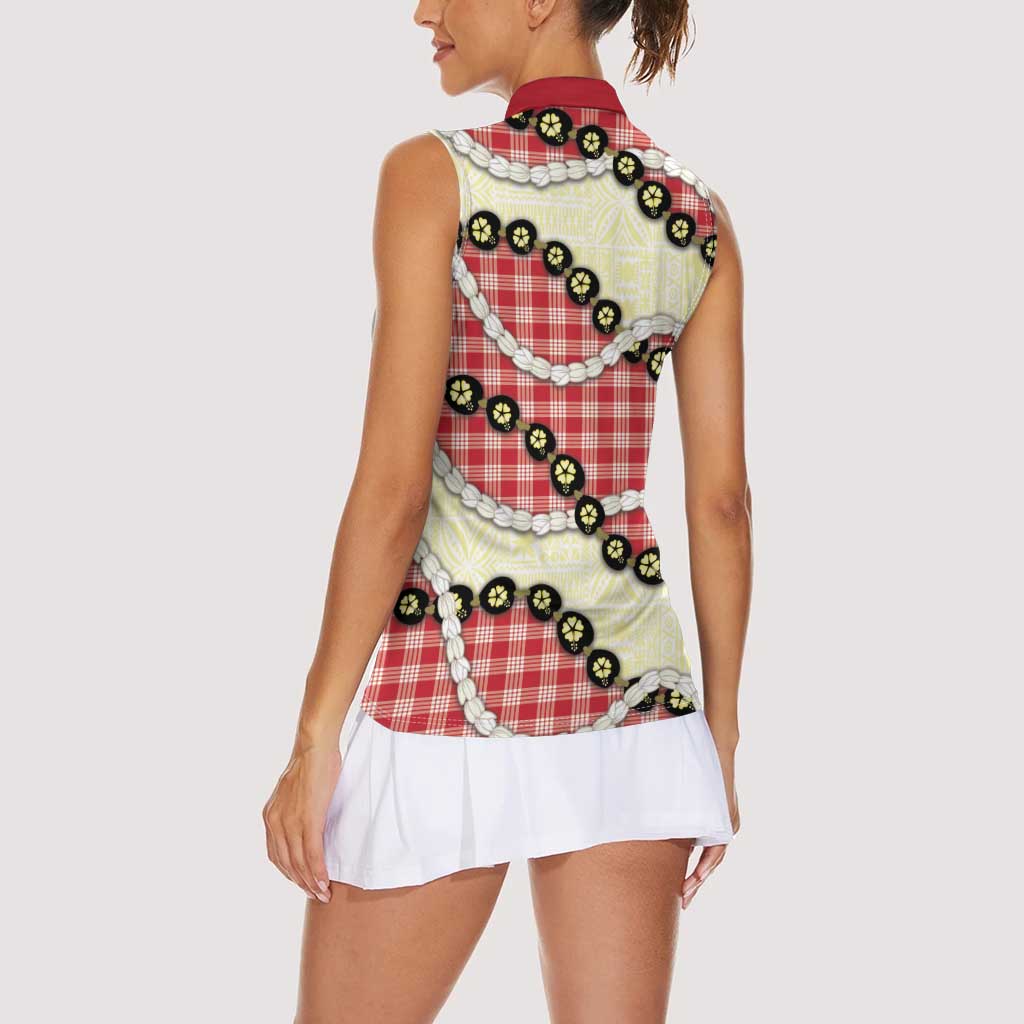 Red Palaka Hawaii Women Sleeveless Polo Shirt Kukui Nut Pikake Lei Hawaiian Tapa Pattern LT14 - Polynesian Pride