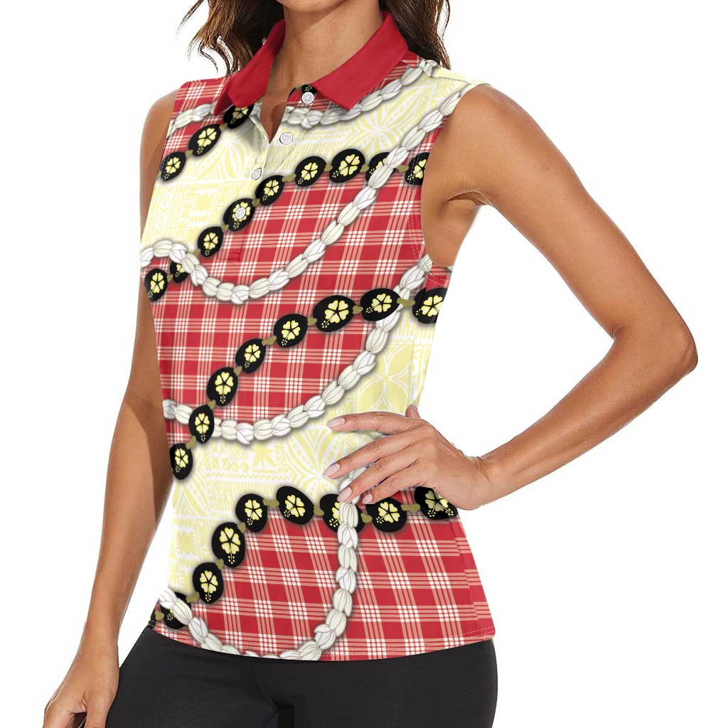 Red Palaka Hawaii Women Sleeveless Polo Shirt Kukui Nut Pikake Lei Hawaiian Tapa Pattern LT14 - Polynesian Pride