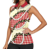 Red Palaka Hawaii Women Sleeveless Polo Shirt Kukui Nut Pikake Lei Hawaiian Tapa Pattern LT14 - Polynesian Pride