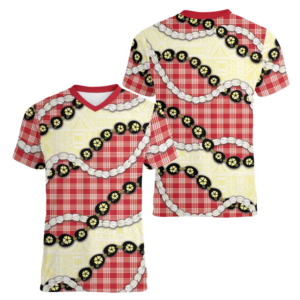 Red Palaka Hawaii Women V-Neck T-Shirt Kukui Nut Pikake Lei Hawaiian Tapa Pattern LT14 - Polynesian Pride