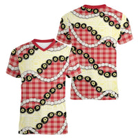 Red Palaka Hawaii Women V-Neck T-Shirt Kukui Nut Pikake Lei Hawaiian Tapa Pattern LT14 - Polynesian Pride