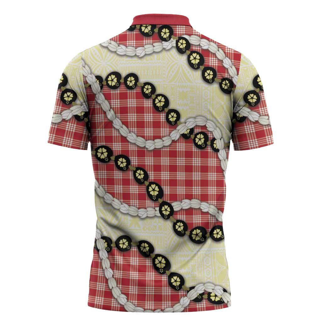 Red Palaka Hawaii Zipper Polo Shirt Kukui Nut Pikake Lei Hawaiian Tapa Pattern - Polynesian Pride