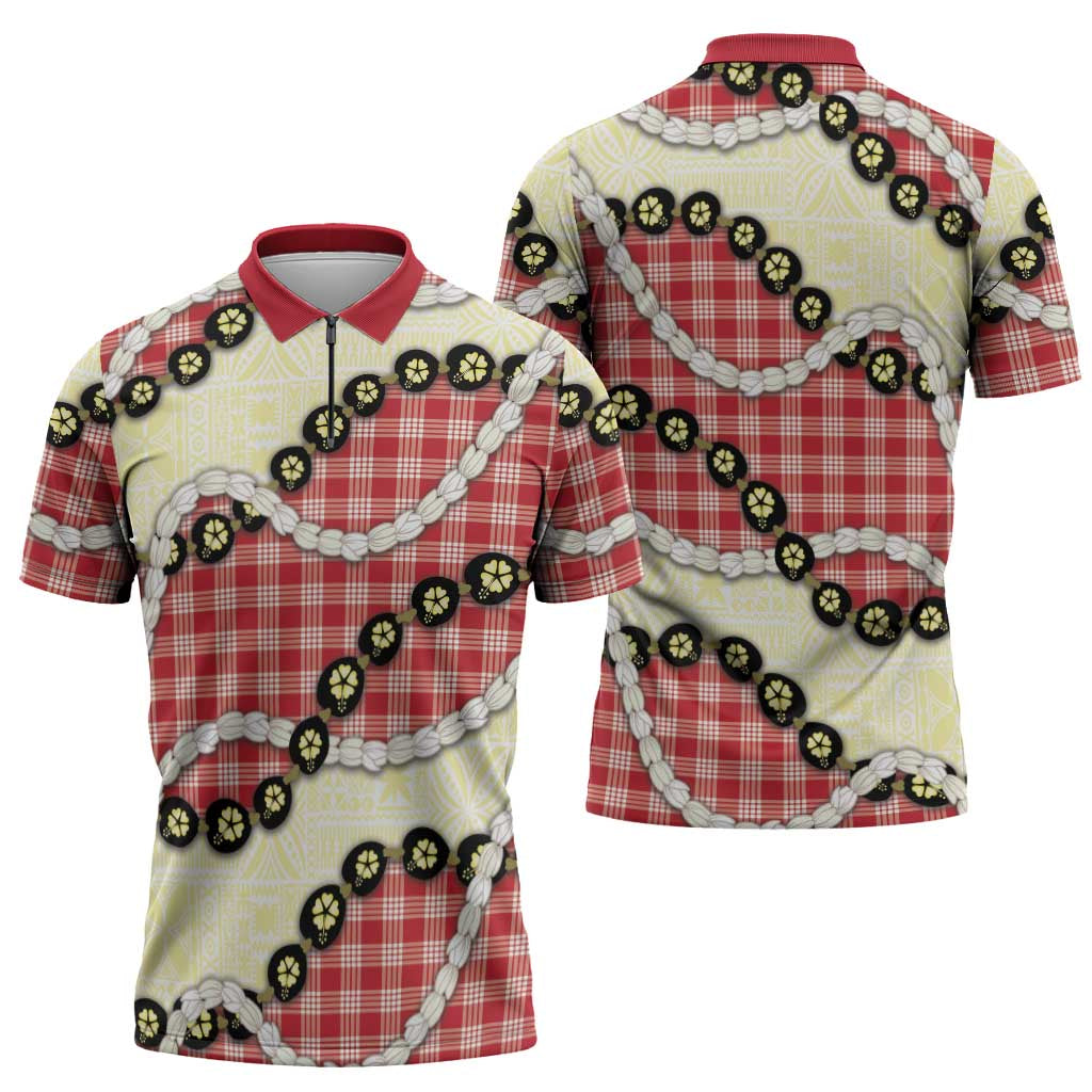 Red Palaka Hawaii Zipper Polo Shirt Kukui Nut Pikake Lei Hawaiian Tapa Pattern - Polynesian Pride