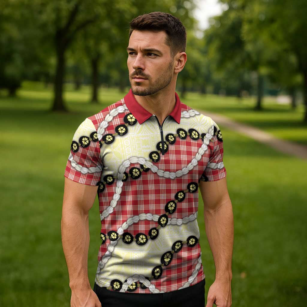 Red Palaka Hawaii Zipper Polo Shirt Kukui Nut Pikake Lei Hawaiian Tapa Pattern - Polynesian Pride