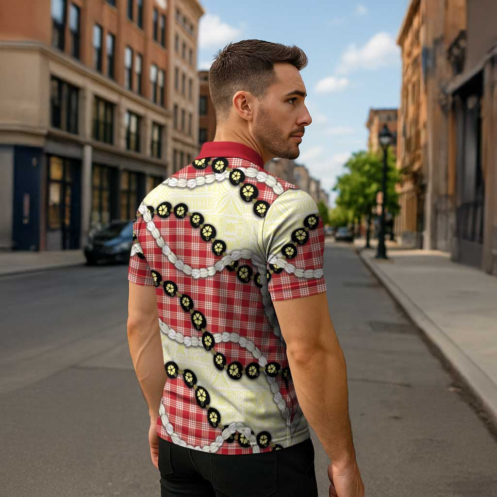 Red Palaka Hawaii Zipper Polo Shirt Kukui Nut Pikake Lei Hawaiian Tapa Pattern - Polynesian Pride