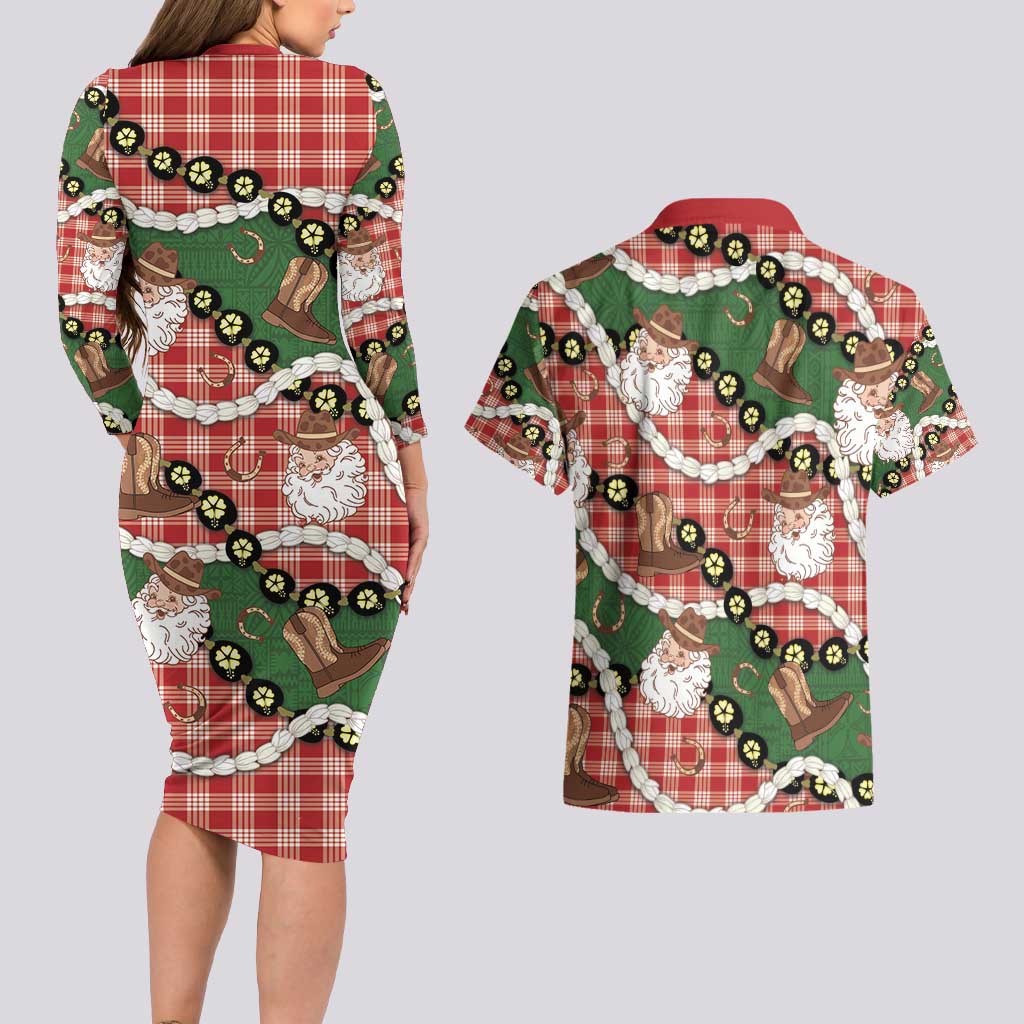 Cowboy Hawaii Mele Kalikimaka Couples Matching Long Sleeve Bodycon Dress and Hawaiian Shirt Paniolo Kukui Nut Pikake Lei Red Version - Polynesian Pride