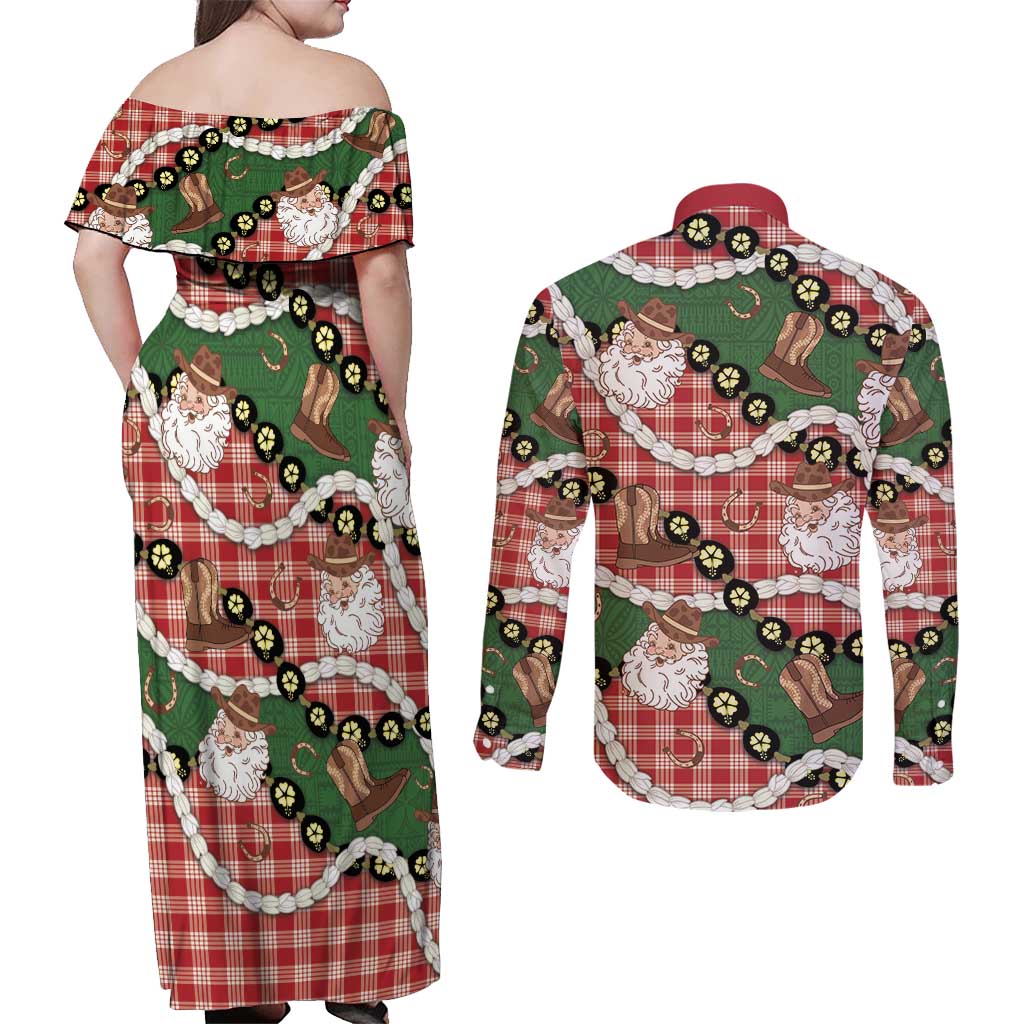 Cowboy Hawaii Mele Kalikimaka Couples Matching Off Shoulder Maxi Dress and Long Sleeve Button Shirt Paniolo Kukui Nut Pikake Lei Red Version - Polynesian Pride