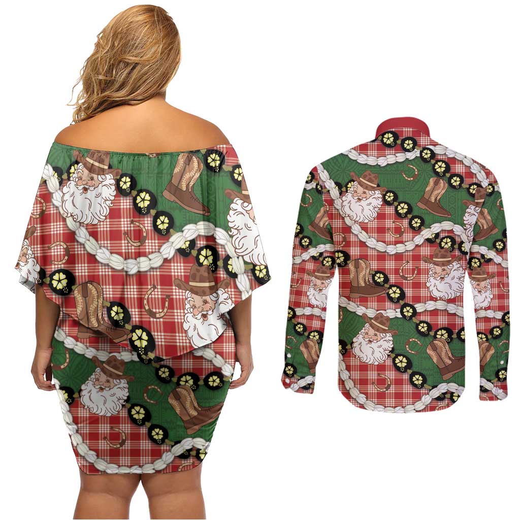 Cowboy Hawaii Mele Kalikimaka Couples Matching Off Shoulder Short Dress and Long Sleeve Button Shirt Paniolo Kukui Nut Pikake Lei Red Version - Polynesian Pride