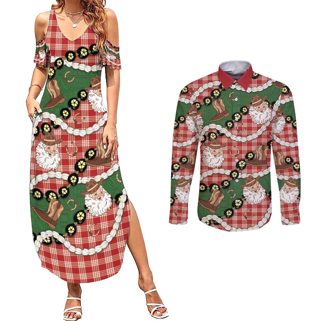 Cowboy Hawaii Mele Kalikimaka Couples Matching Summer Maxi Dress and Long Sleeve Button Shirt Paniolo Kukui Nut Pikake Lei Red Version - Polynesian Pride