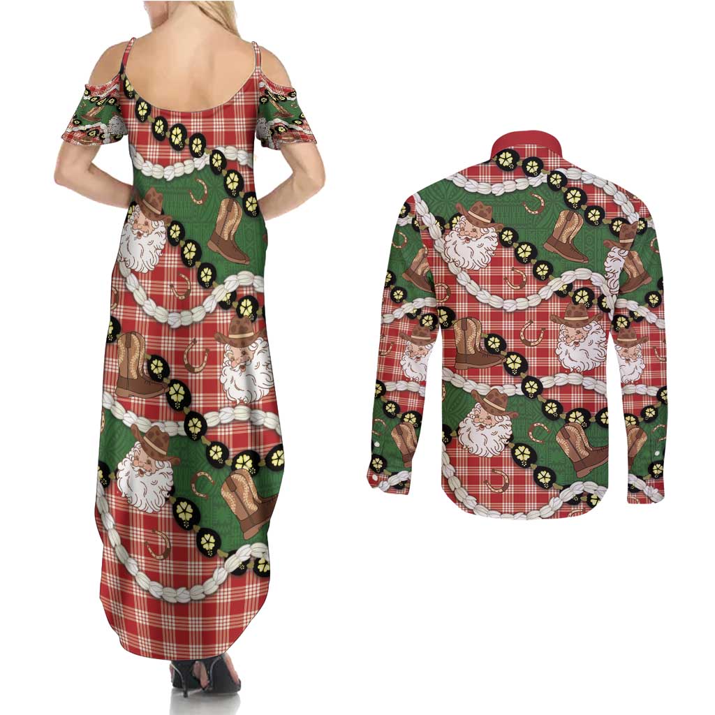 Cowboy Hawaii Mele Kalikimaka Couples Matching Summer Maxi Dress and Long Sleeve Button Shirt Paniolo Kukui Nut Pikake Lei Red Version - Polynesian Pride