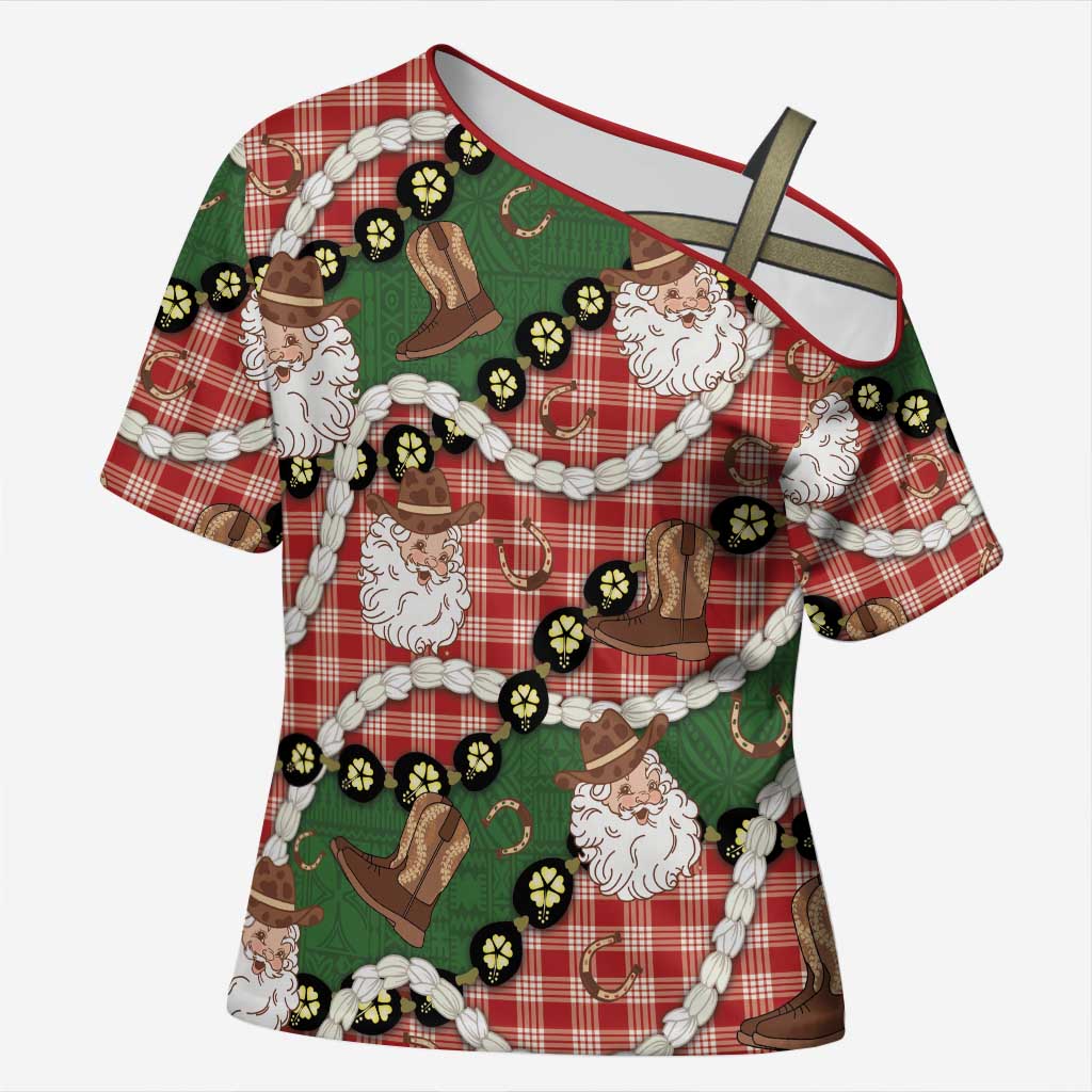 Cowboy Hawaii Mele Kalikimaka Cross Shoulder Shirt Paniolo Kukui Nut Pikake Lei Red Version LT14 Female Red - Polynesian Pride