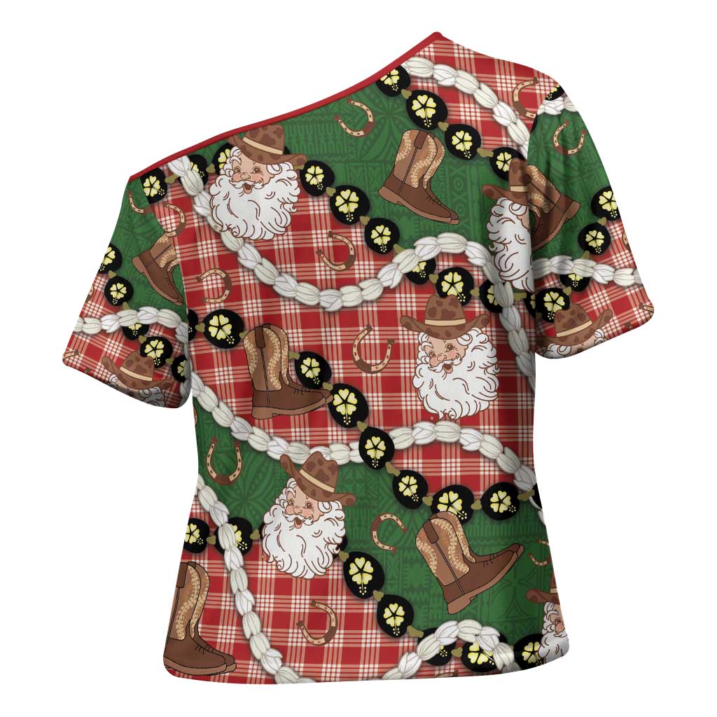 Cowboy Hawaii Mele Kalikimaka Cross Shoulder Shirt Paniolo Kukui Nut Pikake Lei Red Version LT14 - Polynesian Pride